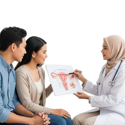 Doctor explaining a diagram of the female reproductive system to a couple on a white background