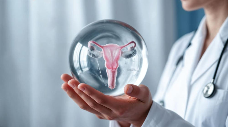 Doctor holding a transparent model of the female reproductive system.