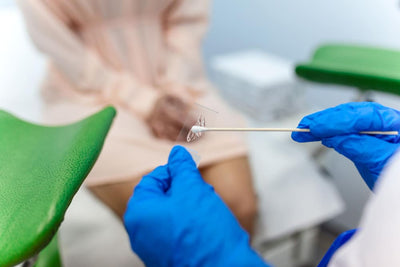 A healthcare provider performing a routine Pap smear test in a clinic