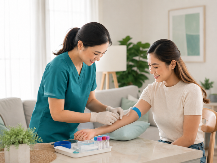 Nurse taking a blood sample from a patient in a home setting