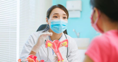 Doctor wearing a face mask explaining a uterus model to a patient.
