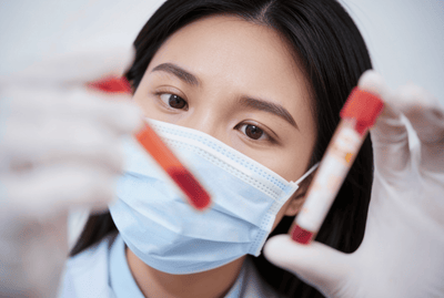 phlebotomist wearing a face mask and gloves holding test tubes with blood samples.