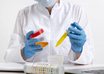 Person in a lab coat with gloves holding a test tube and container, working on a lab bench.