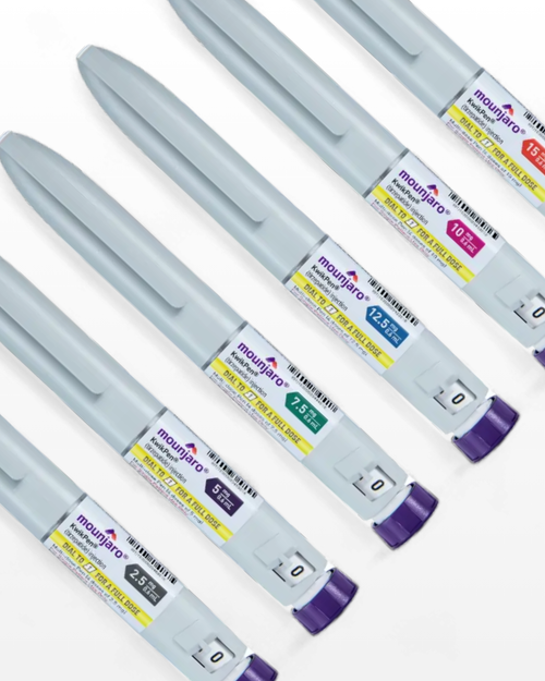 Five mounjaro pens arranged diagonally on a clean white background, showing dosages