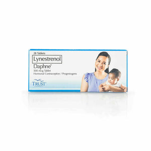 Packaging for Daphne (Lynestrenol 500mcg) Tablets with an image of a woman holding a baby on the box.