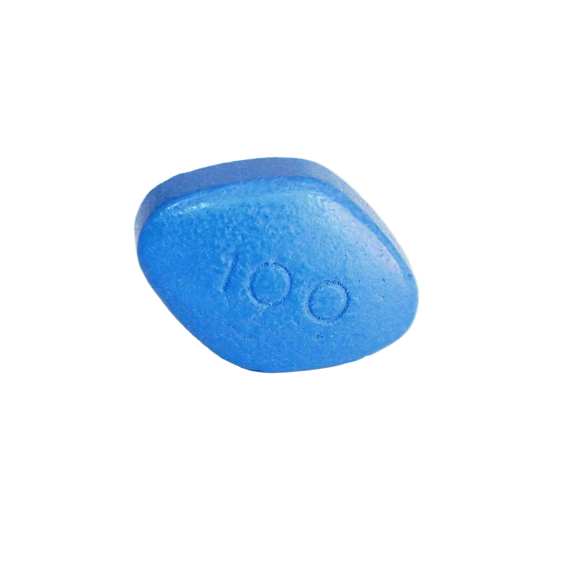 A single blue tablet with the number 50 imprinted on it, typically used for erectile dysfunction.