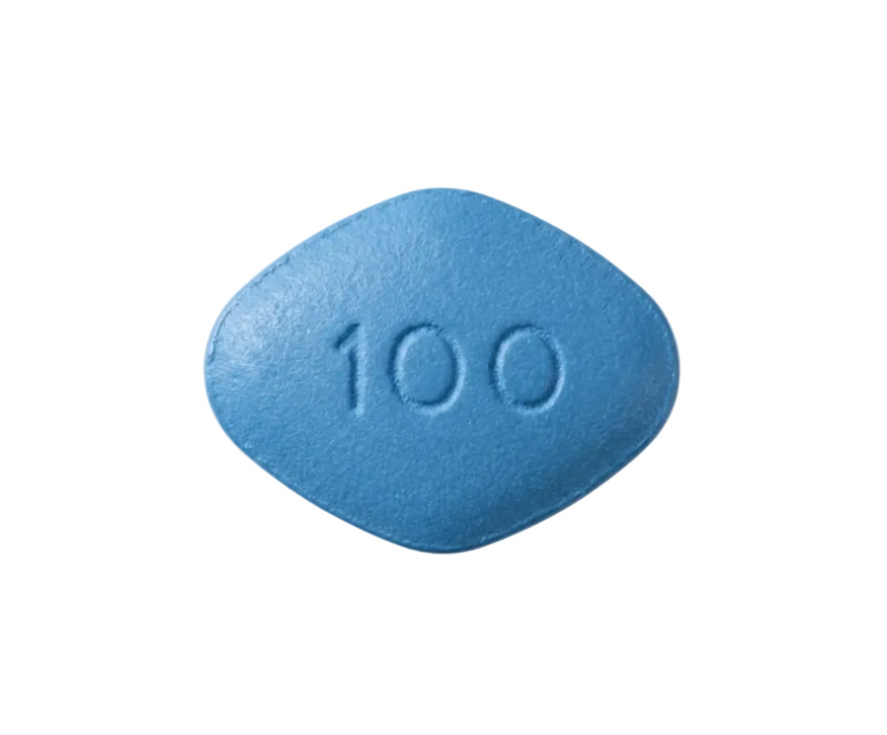 Blue pill with '100' imprint on a white background