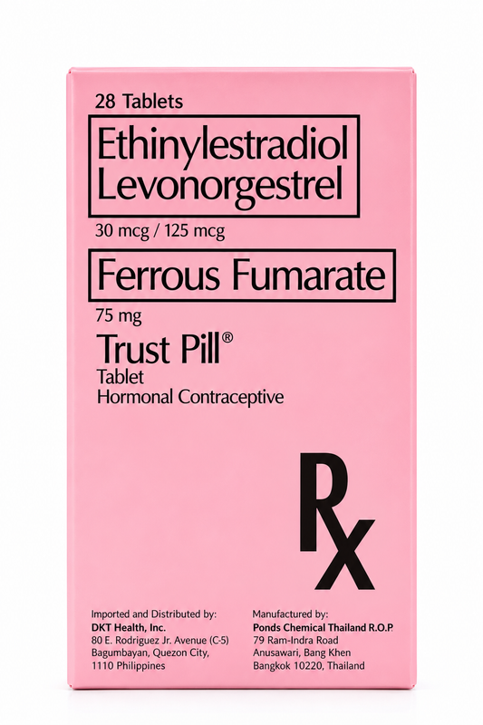Pink box of Trust Pill Ethinylestradiol Levonorgestrel Ferrous Fumarate 75 mg hormonal contraceptive tablets, manufactured by DKT Health, Inc.