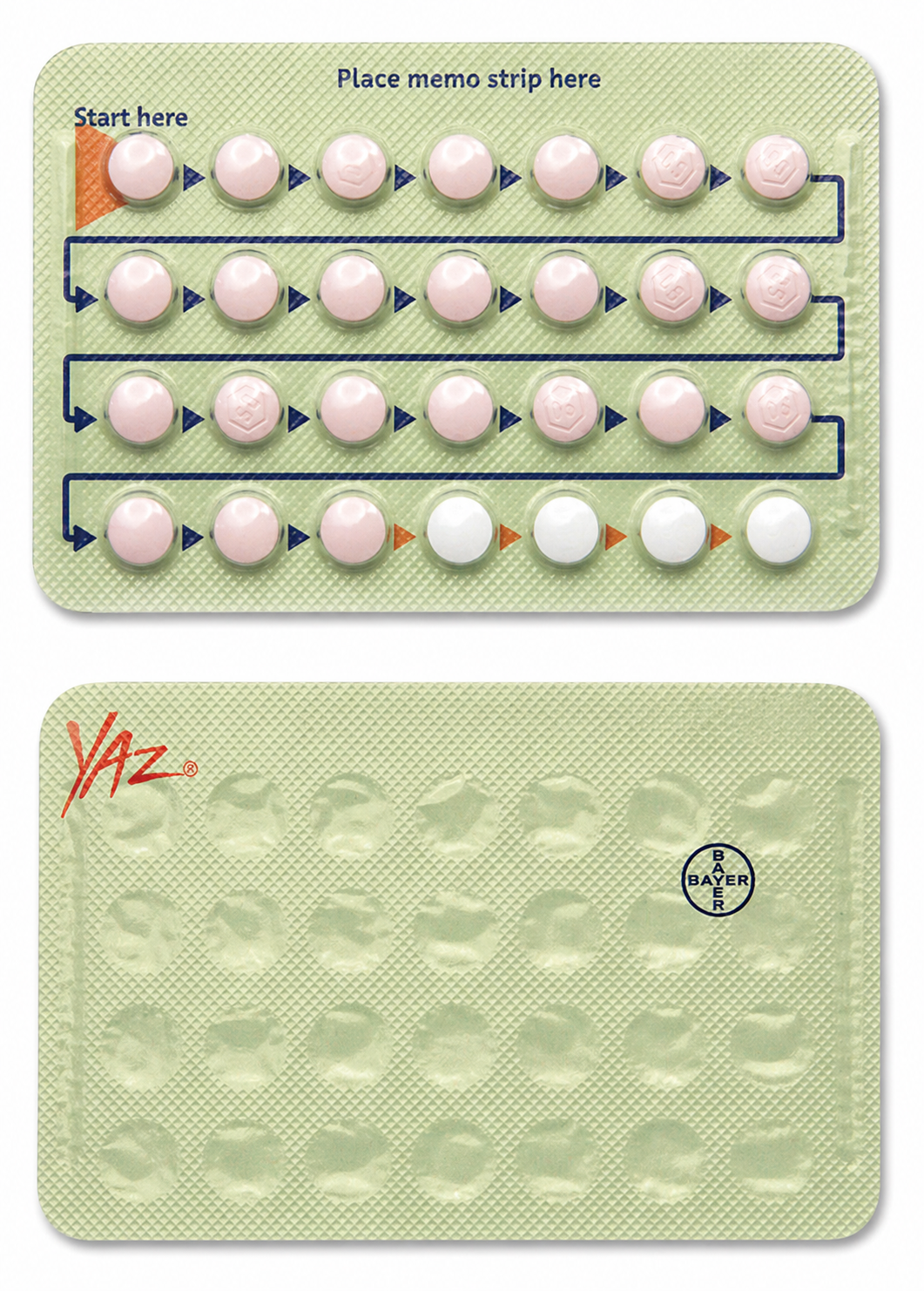 Yaz birth control pill packaging with pills arranged in a grid on a light green background.