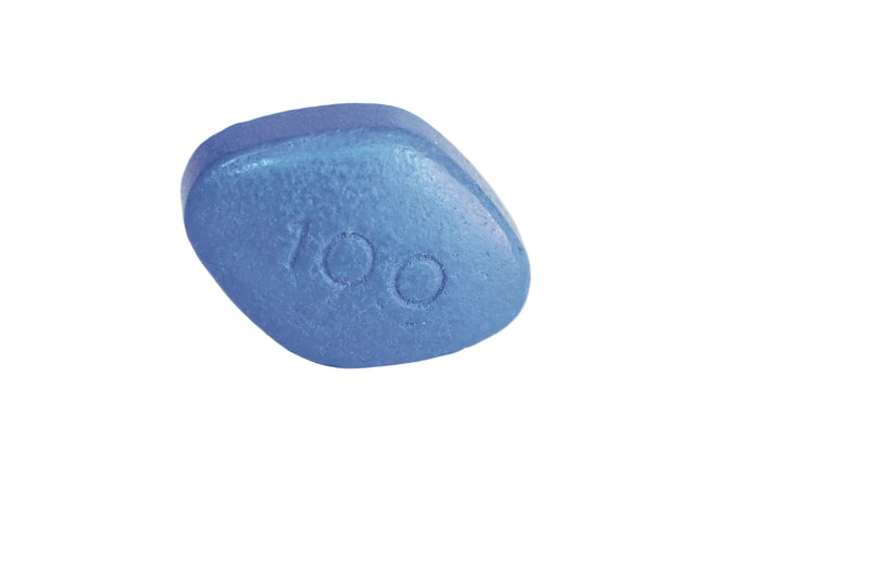 Blue pill with '100' printed on a white background
