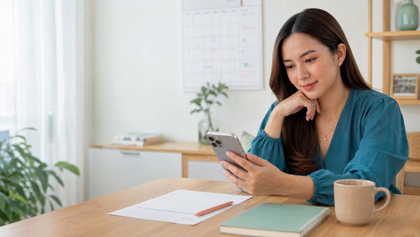 Woman reviewing a period tracking app with calendar overlay.