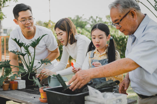 Family of four engaged in gardening activities outdoors.