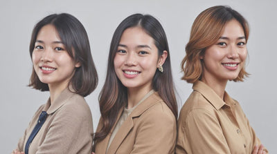 Three women with different hairstyles wearing matching outfits against a plain background