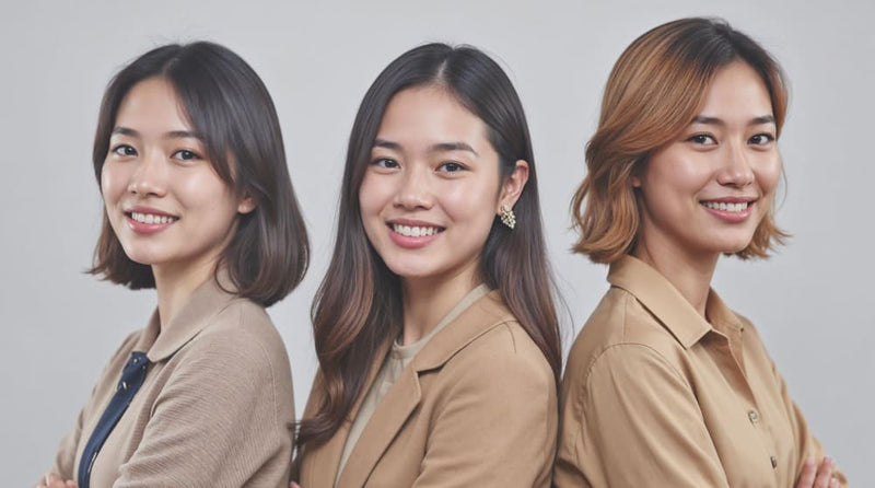 Three women with different hairstyles wearing matching outfits against a plain background