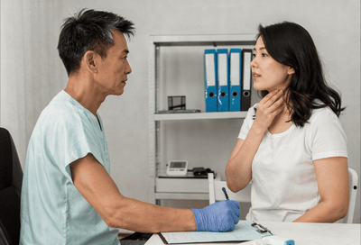 Doctor examining a patient's neck in a medical office setting.