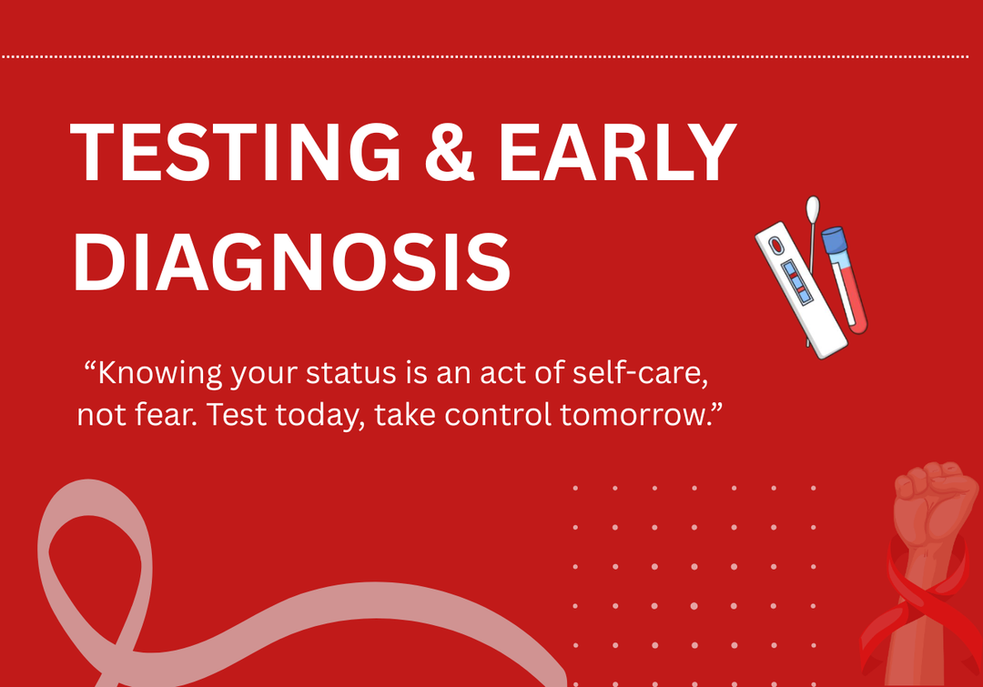 Red background with text about testing and early diagnosis, featuring a test kit and a fist with a ribbon.