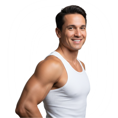 Man wearing a white tank top on a white background