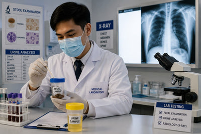 Lab technician handling urine samples in a medical laboratory setting.