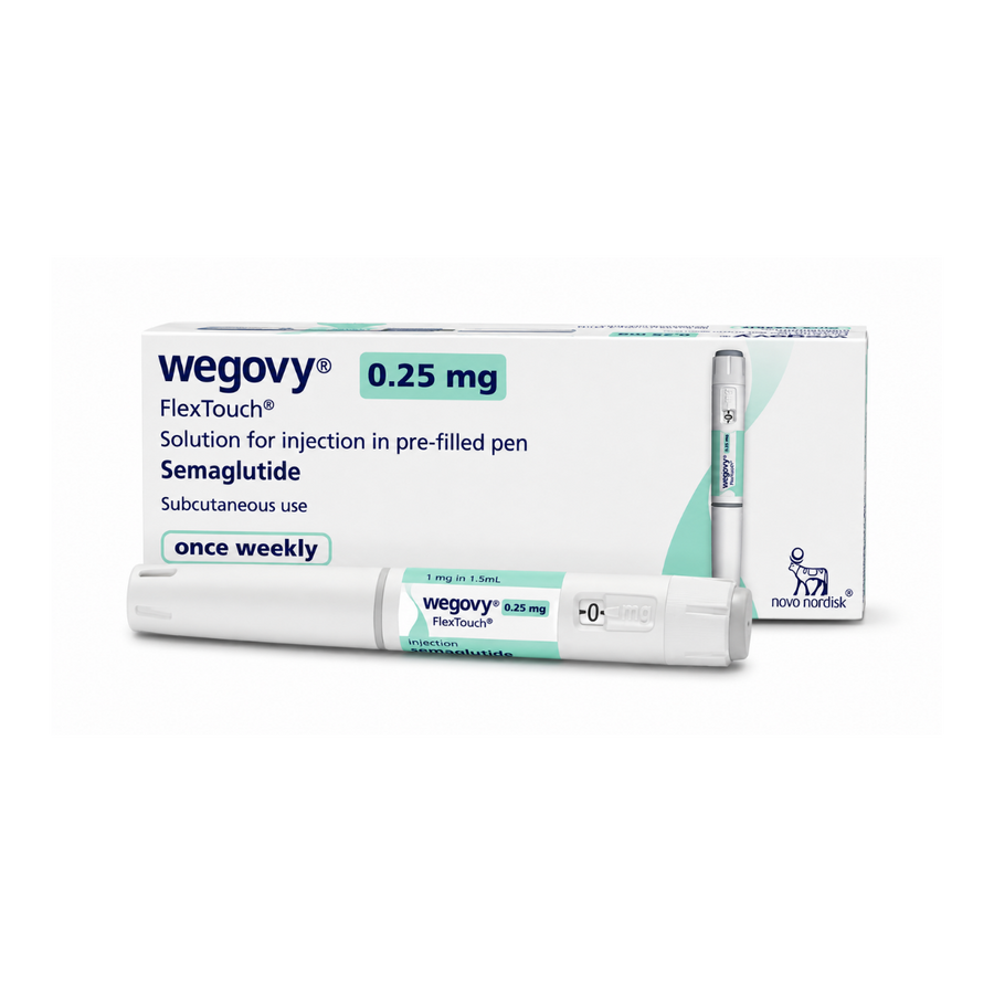 Wegovy FlexTouch 0.25 mg semaglutide solution for injection shown with its retail box and a pre-filled pen on a white background.