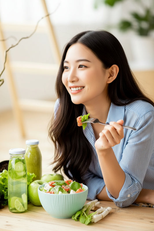 A top-down view of an iron-rich healthy meal, including a fresh green salad and a green vegetable smoothie targeted for an anemia diet