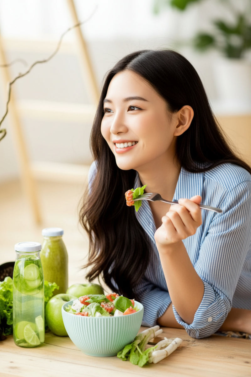A top-down view of an iron-rich healthy meal, including a fresh green salad and a green vegetable smoothie targeted for an anemia diet
