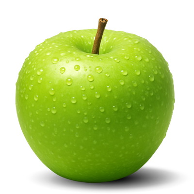 Green apple with water droplets on a white background