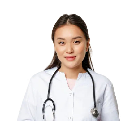 Doctor wearing a white coat with a stethoscope on a light gray background
