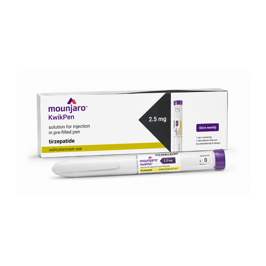 Mounjaro KwikPen 2.5 mg subcutaneous injection product shown with its retail box and a single pre-filled pen on a plain white background.