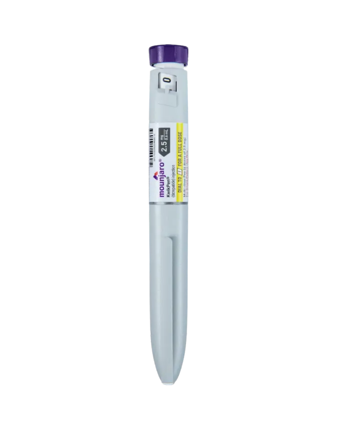 A single-dose pen-style injection device with a light gray body, purple cap, and a yellow-and-white label, shown upright on a plain white background.