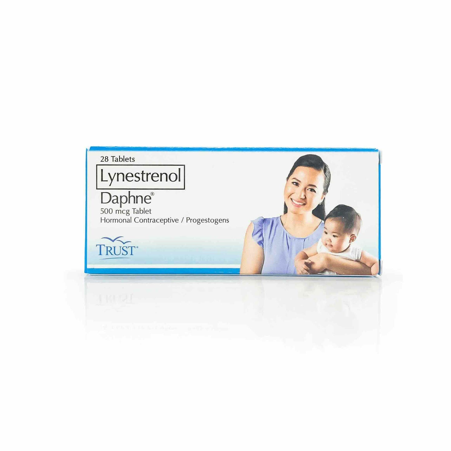 Packaging for Daphne (Lynestrenol 500mcg) Tablets with an image of a woman holding a baby on the box.