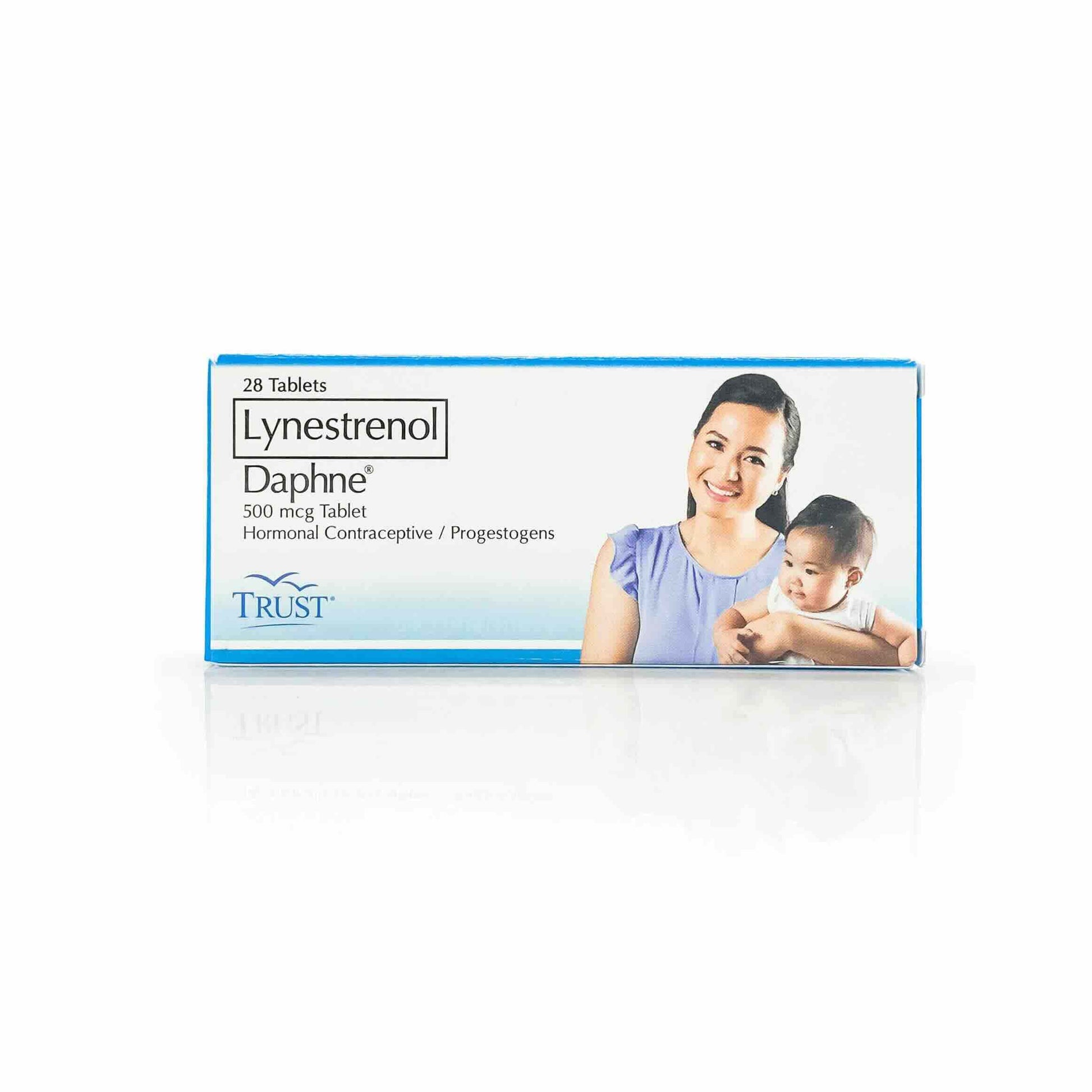 Packaging for Daphne (Lynestrenol 500mcg) Tablets with an image of a woman holding a baby on the box.