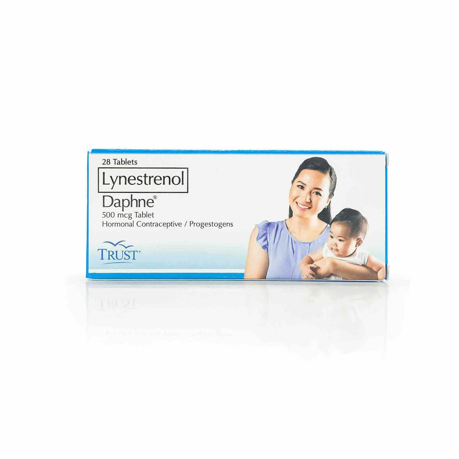 Packaging for Daphne (Lynestrenol 500mcg) Tablets with an image of a woman holding a baby on the box.