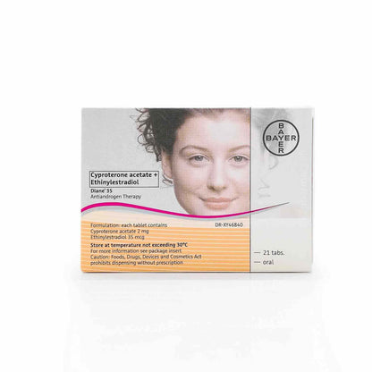 Packaging of Diane35 contraceptive pills by Bayer, showing the tablet's indication for acne treatment, with a picture of a woman on the front.