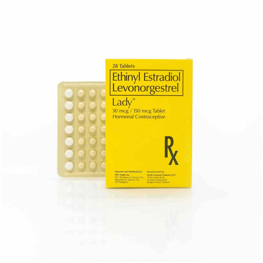 Packaging of Lady birth control pills, showing a blister pack with tablets and a yellow and white box with brand and dosage information.