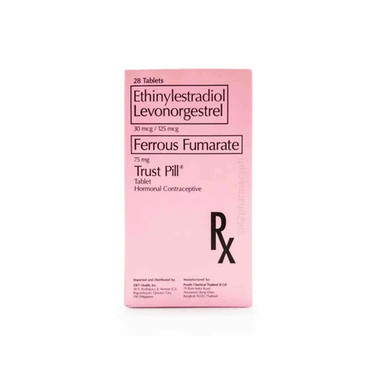 A box of 'Trust Pill' contraceptive tablets displaying the active ingredients Ethinylestradiol, Levonorgestrel, and Ferrous Fumarate.