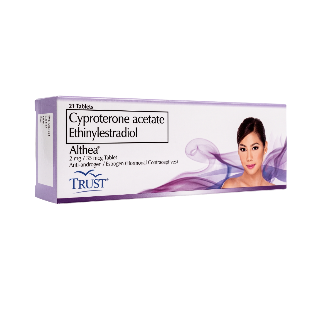 Box of Trust Althea hormonal contraceptives with a woman's face on the label.