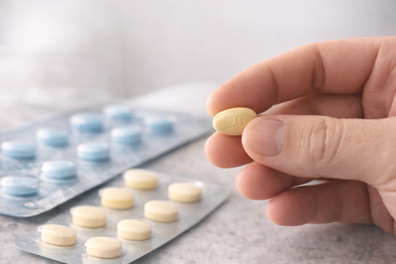 Hand holding a yellow pill with a blurred background of blue and white pills in a blister pack.