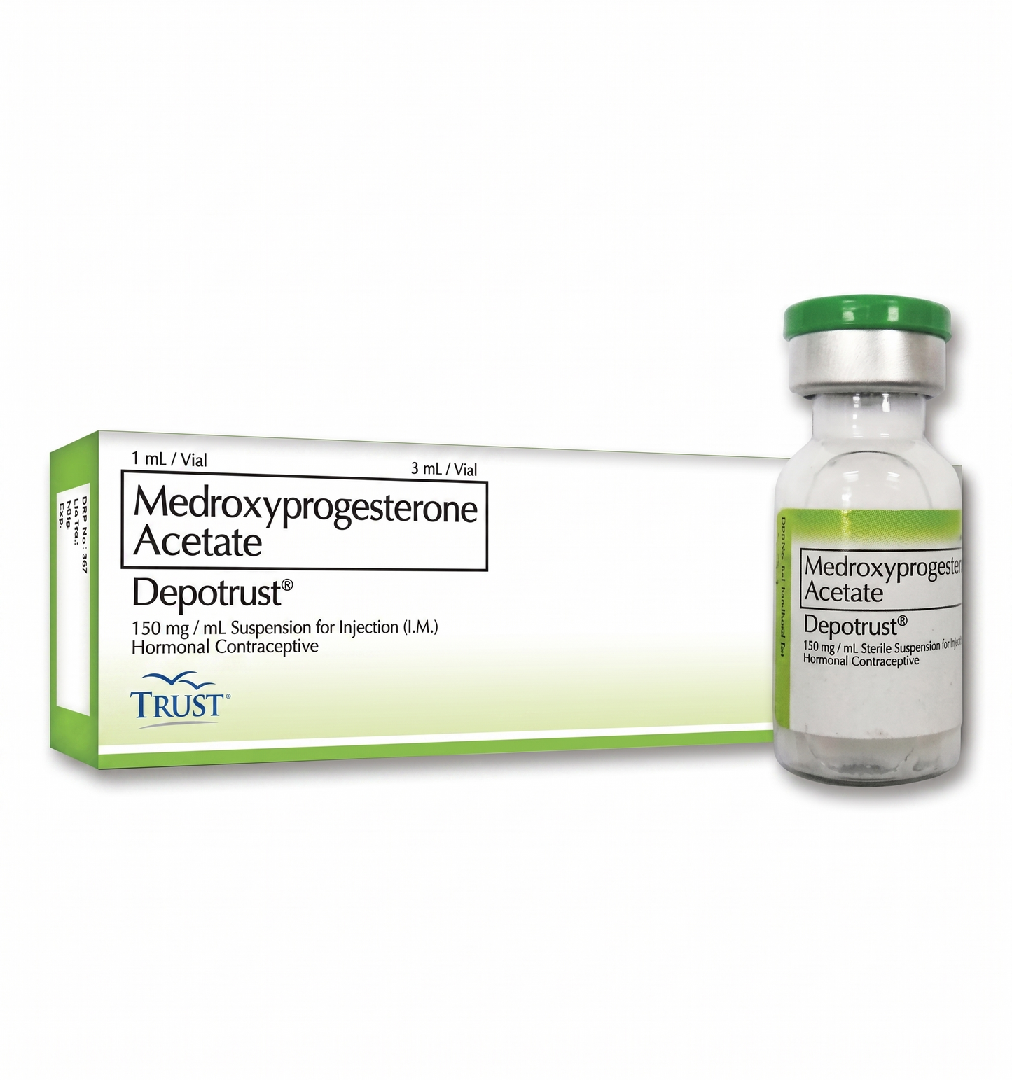 Medroxyprogesterone Acetate Depotrust packaging with vial on a white background