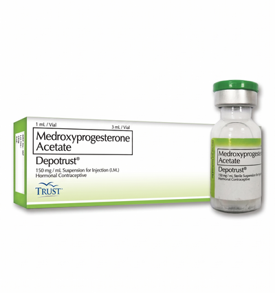 Medroxyprogesterone Acetate Depotrust packaging with vial on a white background