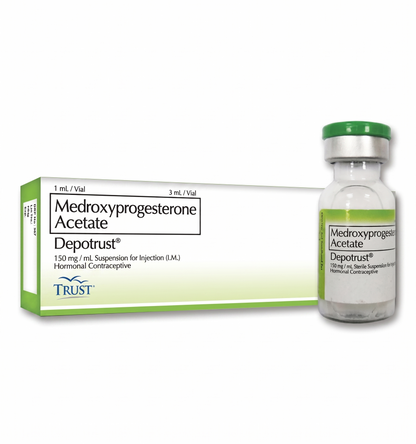 Medroxyprogesterone Acetate Depotrust packaging with vial on a white background