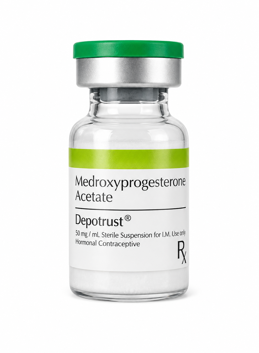 Vial labeled 'Depotrust' with Medroxyprogesterone Acetate on a white background