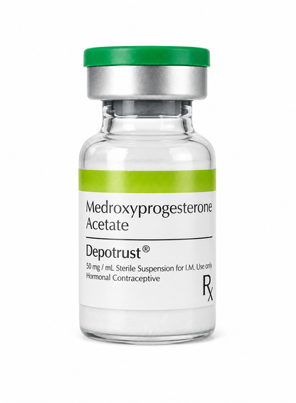 Vial labeled 'Depotrust' with Medroxyprogesterone Acetate on a white background