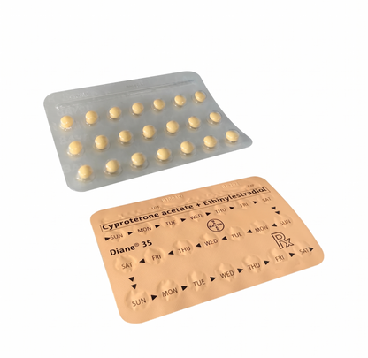 Medication packaging with pills and a prescription label on a white background