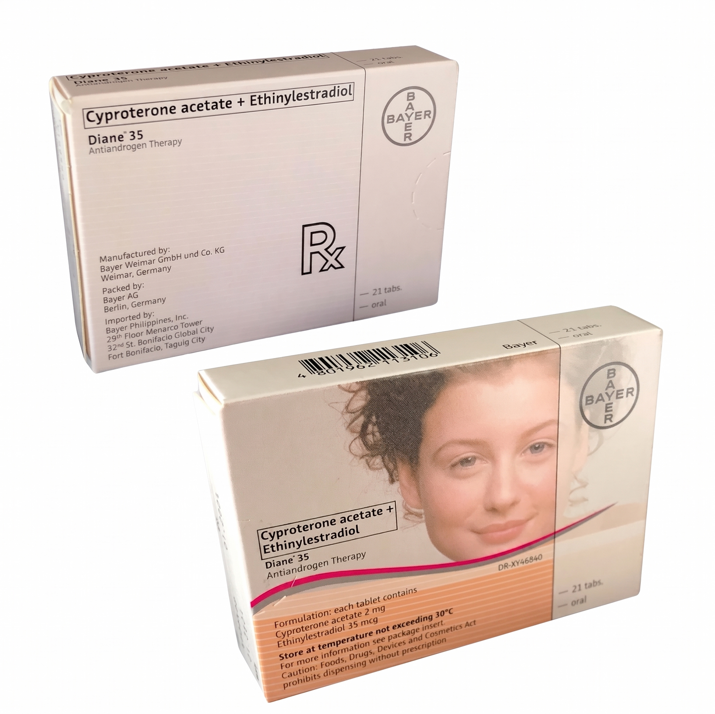 Two boxes of Diane 35 hormonal therapy medication with Bayer logo on a white background