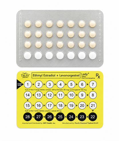 Compliance chart for contraceptive pills with a tray of tablets on a white background