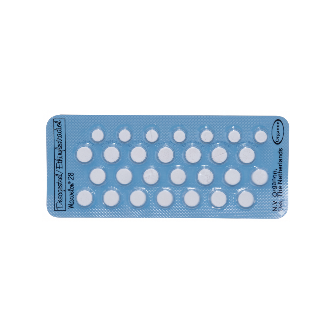 Blue plastic case with white pills on a white background