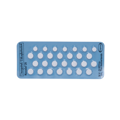 Blue plastic case with white pills on a white background