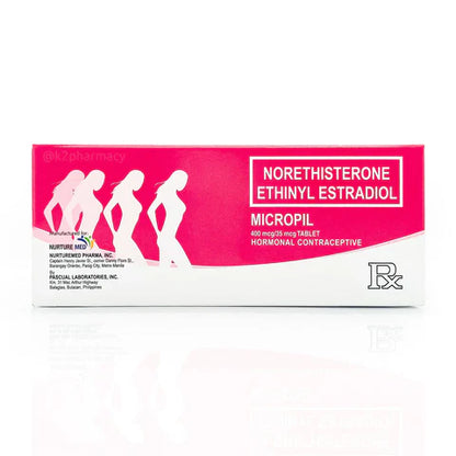 Box of Norethisterone Ethinyl Estradiol Micropil hormonal contraceptive on a white background