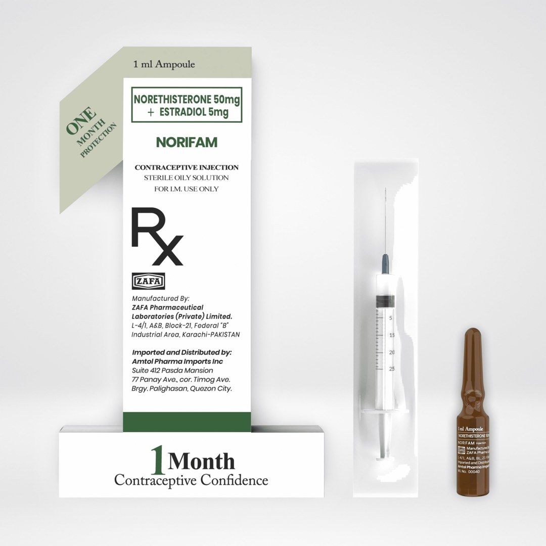 Contraceptive injection kit with syringe and ampoule on a white background