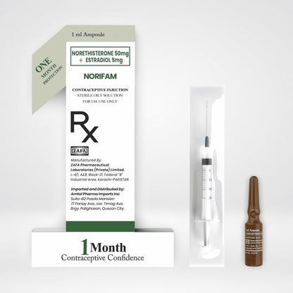 Contraceptive injection kit with syringe and ampoule on a white background